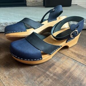 Bjork MILA Wooden Black Navy Oiled Leather Clog Sandals Womens EU 38 US 7.5-8